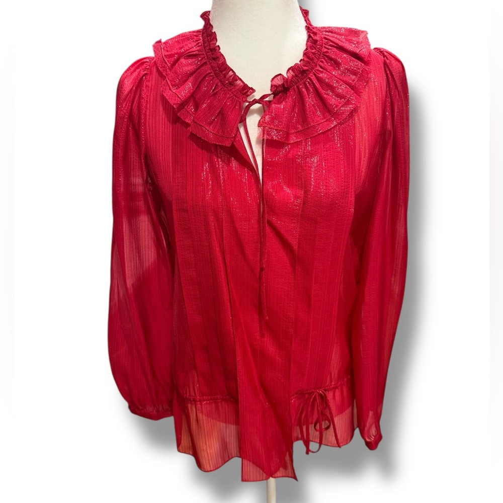 BcbgMaxAzria Silk Metallic Red Semi Sheer Festive Ruffle Blouse Top Small‎